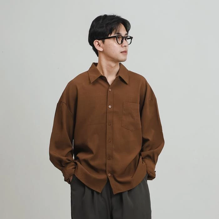 RoomFazza Kemeja Lengan Panjang Pria Oversized Kasual Kerja Atasan Casual Formal - Coklat, S